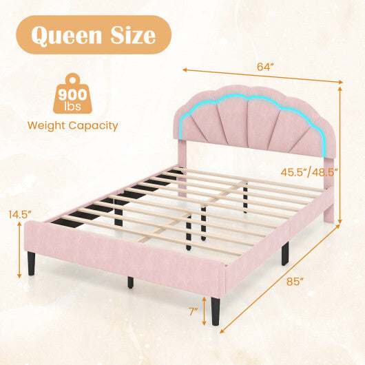 Upholstered LED Bed Frame with Adjustable Flower Headboard and Metal Support Feet Pink-Queen Size - Size: Queen Size