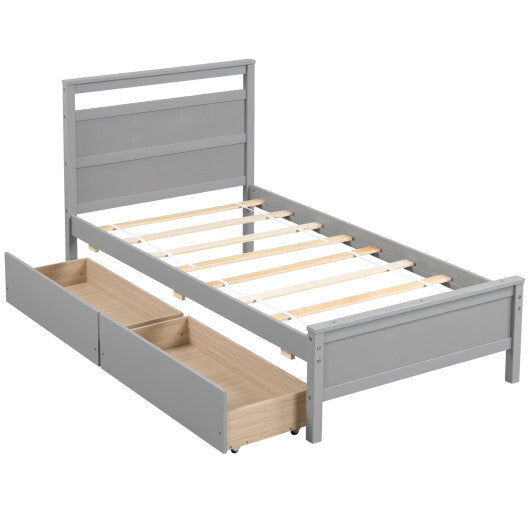 Twin Size Wooden Bed Frame with 2 Drawers for Teens and Adults-Gray - Color: Gray - Size: Twin Size