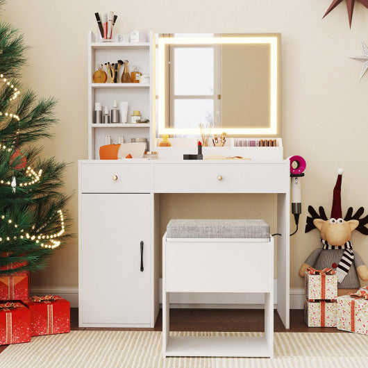 Vanity Dressing Table and Chair Set with Mirror and Lights-White - Color: White