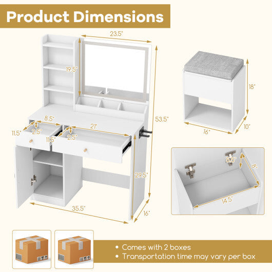 Vanity Dressing Table and Chair Set with Mirror and Lights-White - Color: White