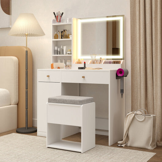 Vanity Dressing Table and Chair Set with Mirror and Lights-White - Color: White