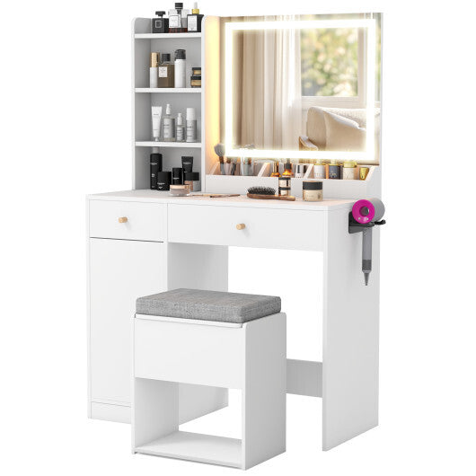 Vanity Dressing Table and Chair Set with Mirror and Lights-White - Color: White