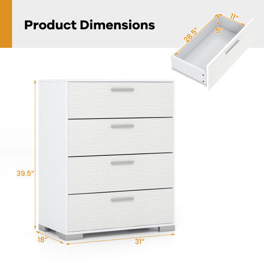 4 Drawer Storage Cabinet with Metal Legs Handles with Anti-Toppling Devices-White - Color: White