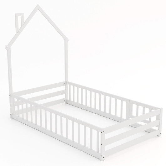 Twin Size Montessori Floor Bed with Lockable Door and Full-Length Guardrail-White - Color: White