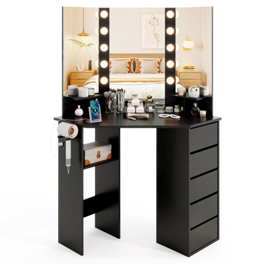 Corner Vanity Desk with 3-Color LED Lighted Mirror and Power Outlet-Black - Color: Black