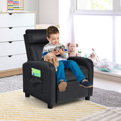 Ergonomic PU Leather Kids Recliner Lounge Sofa for 3-12 Age Group-Black - Color: Black