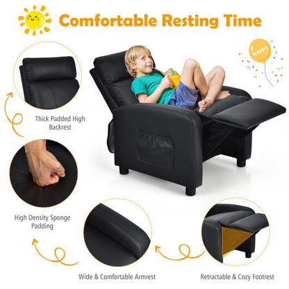 Ergonomic PU Leather Kids Recliner Lounge Sofa for 3-12 Age Group-Black - Color: Black