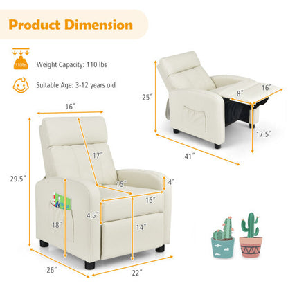 Ergonomic PU Leather Kids Recliner Lounge Sofa for 3-12 Age Group-White - Color: White