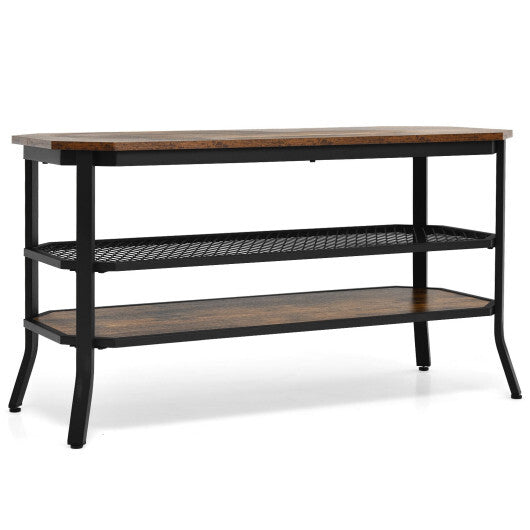 3-tier Console Table TV Stand with Mesh Storage Shelf-Rustic Brown - Color: Rustic Brown