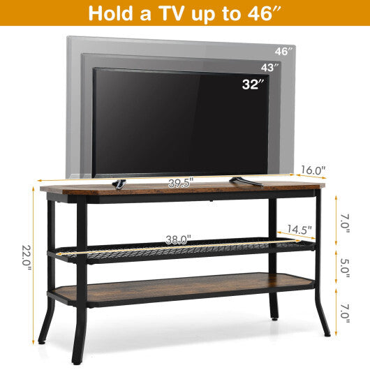 3-tier Console Table TV Stand with Mesh Storage Shelf-Rustic Brown - Color: Rustic Brown