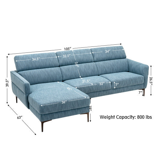 105 Inch L-Shaped Sofa Couch with 3 Adjustable Headrests-Blue - Color: Blue