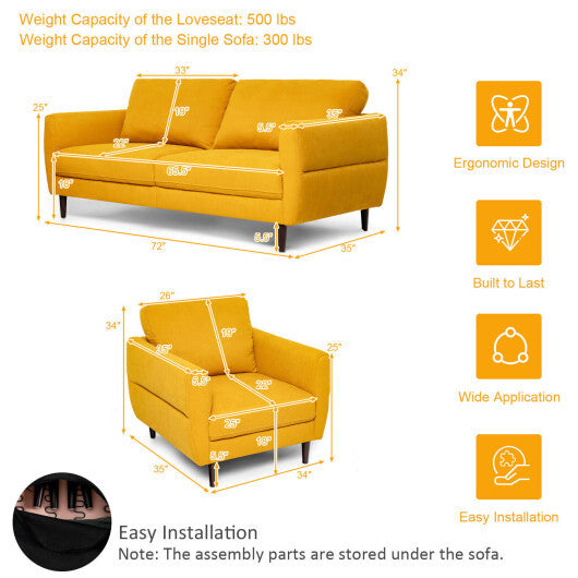 2 Pieces Upholstered Sofa Set with Removable Cushion Covers-Yellow - Color: Yellow