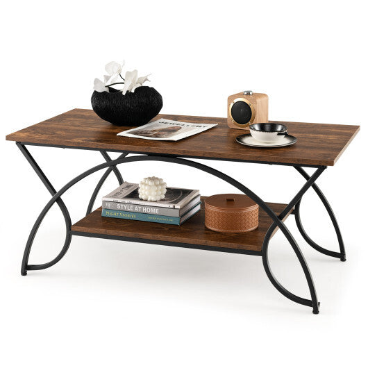 2-Tier Faux Marble Coffee Table with Marble Top and Metal Frame-Rustic Brown - Color: Rustic Brown - Size: 2-Tier