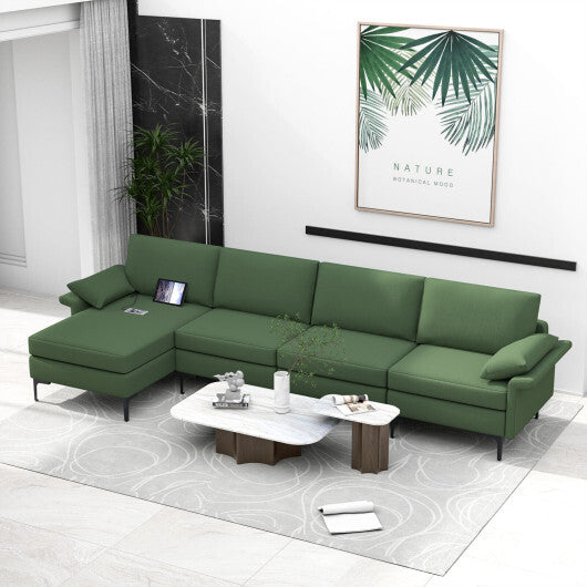 Extra Large L-shaped Sectional Sofa with Reversible Chaise and 2 USB Ports for 4-5 People-Army Green - Color: Army Green