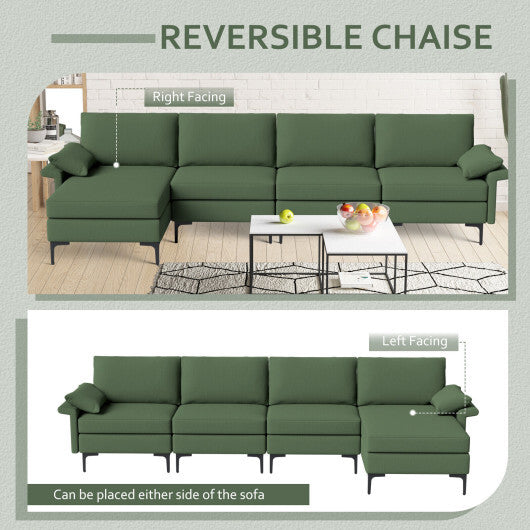 Extra Large L-shaped Sectional Sofa with Reversible Chaise and 2 USB Ports for 4-5 People-Army Green - Color: Army Green