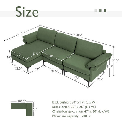 Extra Large Modular L-shaped Sectional Sofa with Reversible Chaise for 4-5 People-Army Green - Color: Army Green