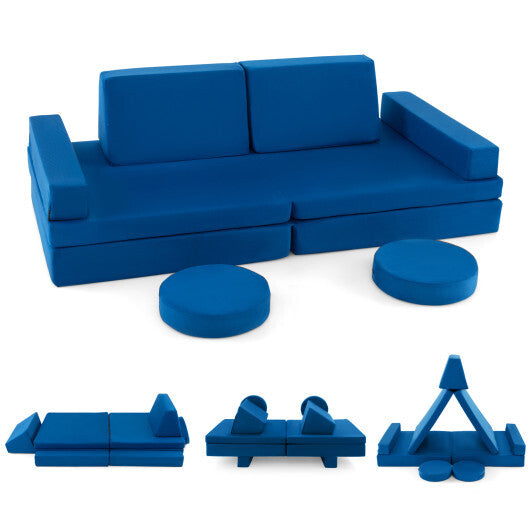 10-Piece Kids Play Couch Sofa with Portable Handle-Blue - Color: Blue