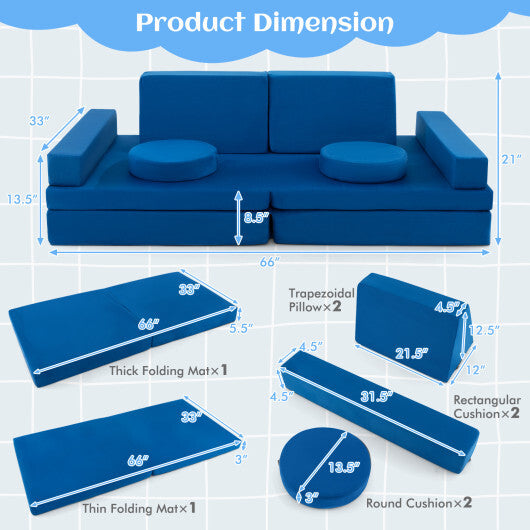 10-Piece Kids Play Couch Sofa with Portable Handle-Blue - Color: Blue