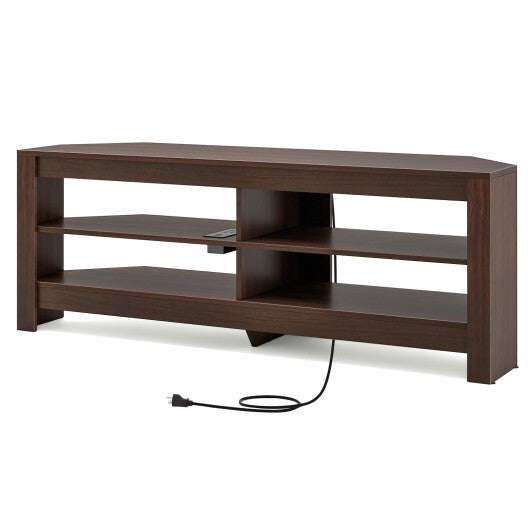 Corner TV Stand with Power Outlet and 4 Open Storage Shelves-Brown - Color: Brown