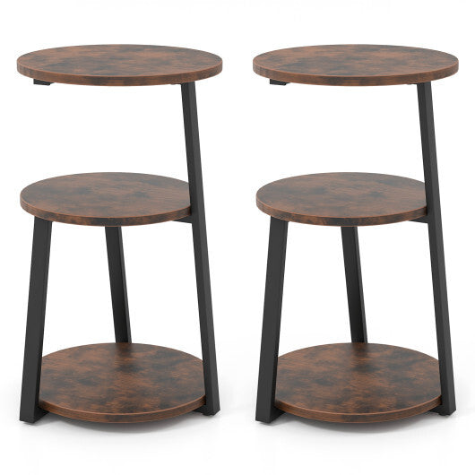 3-Tier Accent Round Side Table with Metal Frame-Set of 2 - Color: Rustic Brown