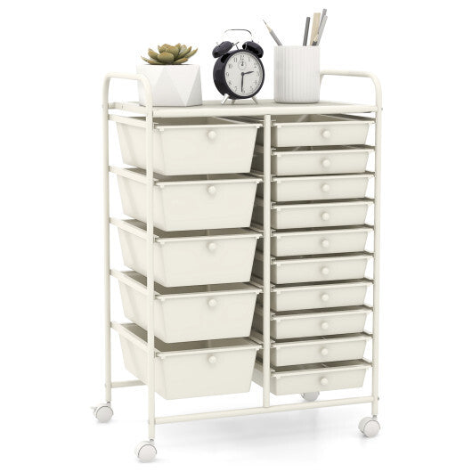 15-Drawer Utility Rolling Organizer Cart Multi-Use Storage-White - Color: White