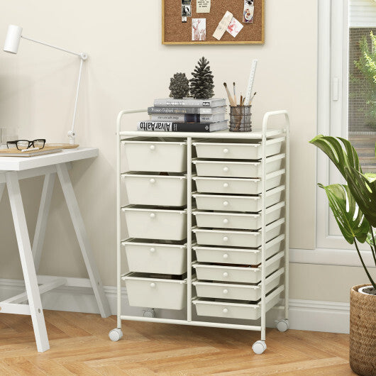 15-Drawer Utility Rolling Organizer Cart Multi-Use Storage-White - Color: White