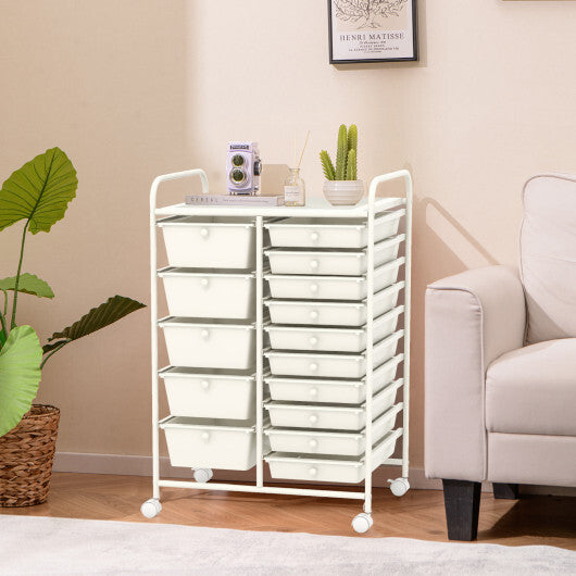 15-Drawer Utility Rolling Organizer Cart Multi-Use Storage-White - Color: White