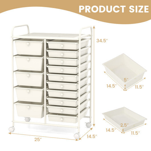 15-Drawer Utility Rolling Organizer Cart Multi-Use Storage-White - Color: White