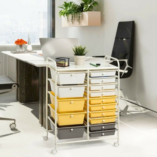 15-Drawer Storage Rolling Organizer Cart-Yellow - Color: Yellow