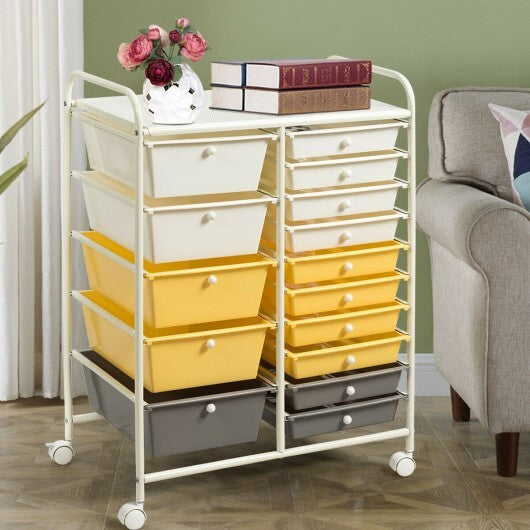 15-Drawer Storage Rolling Organizer Cart-Yellow - Color: Yellow