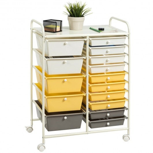 15-Drawer Storage Rolling Organizer Cart-Yellow - Color: Yellow