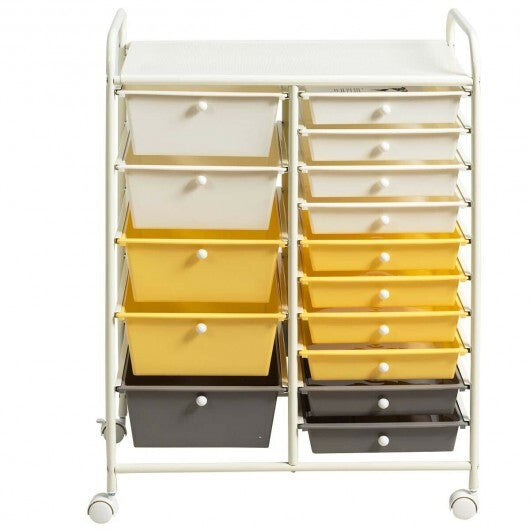 15-Drawer Storage Rolling Organizer Cart-Yellow - Color: Yellow