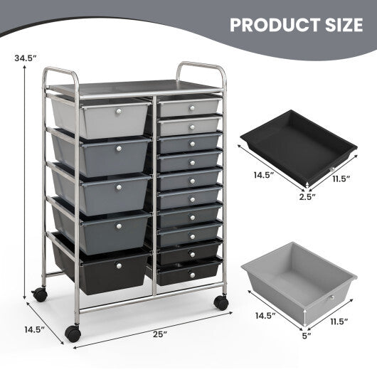 15-Drawer Utility Rolling Organizer Cart Multi-Use Storage-Black & Gray - Color: Black & Gray