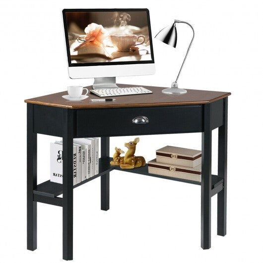 Corner Wooden Piece Laptop Computer Desk-Coffee - Color: Brown