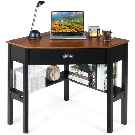 Corner Wooden Piece Laptop Computer Desk-Coffee - Color: Brown