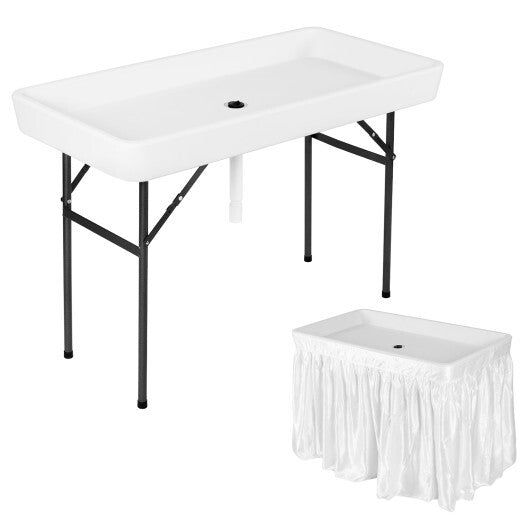 4 Feet Plastic Party Ice Folding Ice Table with Matching Skirt-White - Color: White