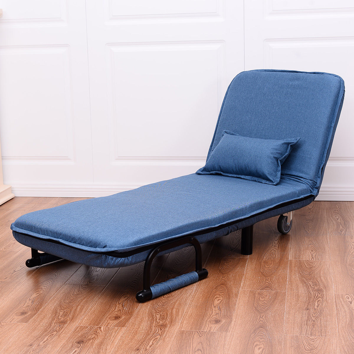 3-in-1 Convertible Sofa Bed with 5-Position Adjustable Backrest and Lumbar Pillow-Blue - Color: Blue