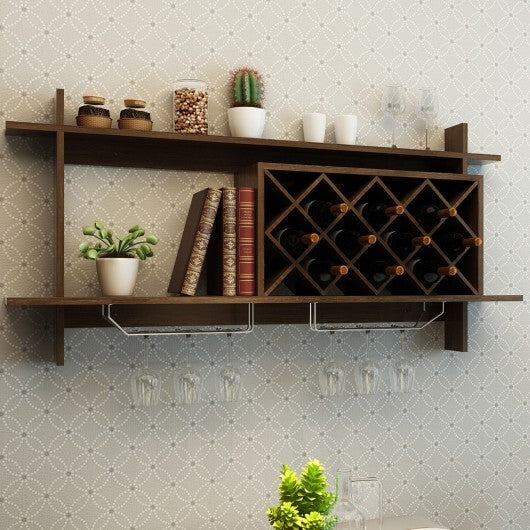 Wall Mount Wine Rack with Glass Holder & Storage Shelf-Walnut - Color: Walnut