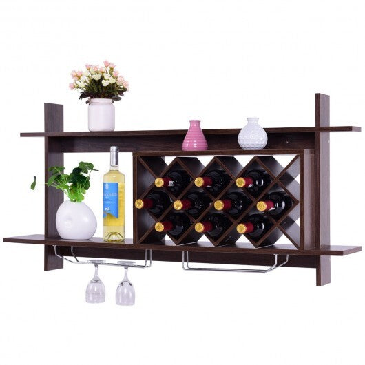 Wall Mount Wine Rack with Glass Holder & Storage Shelf-Walnut - Color: Walnut