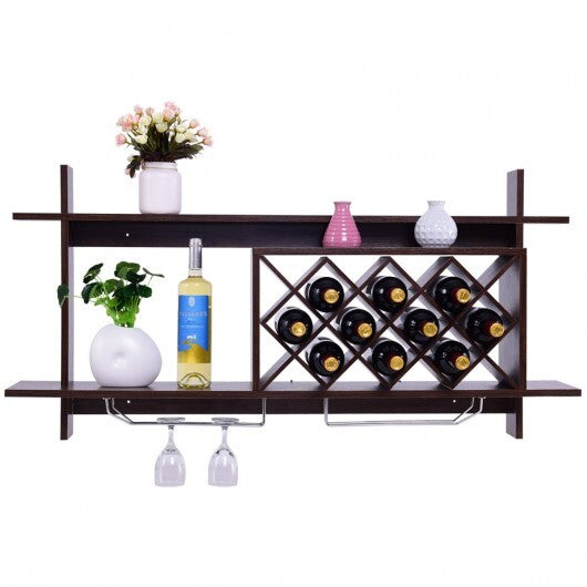 Wall Mount Wine Rack with Glass Holder & Storage Shelf-Walnut - Color: Walnut