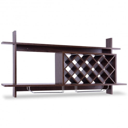 Wall Mount Wine Rack with Glass Holder & Storage Shelf-Walnut - Color: Walnut