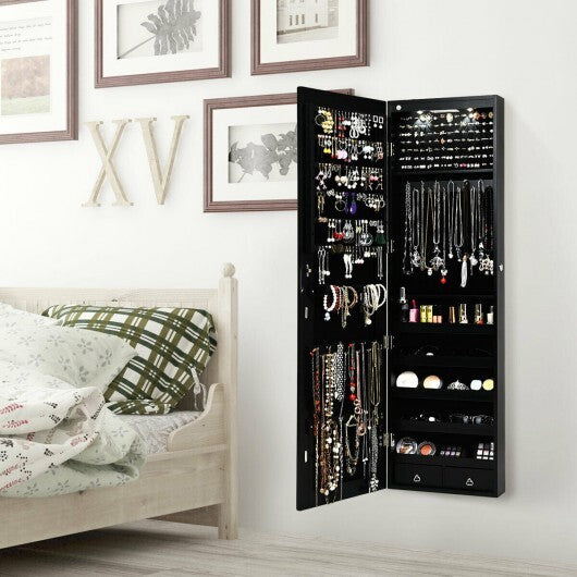 Wall and Door Mounted Mirrored Jewelry Cabinet with Lights-Black - Color: Black