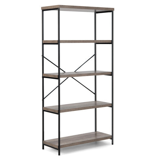 5-Tier Industrial Bookshelf Display Storage Rack with Metal Frame-Gray - Color: Gray