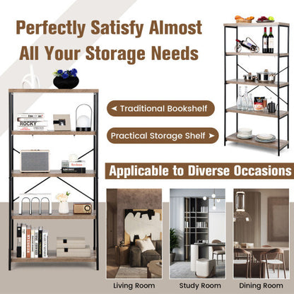 5-Tier Industrial Bookshelf Display Storage Rack with Metal Frame-Gray - Color: Gray