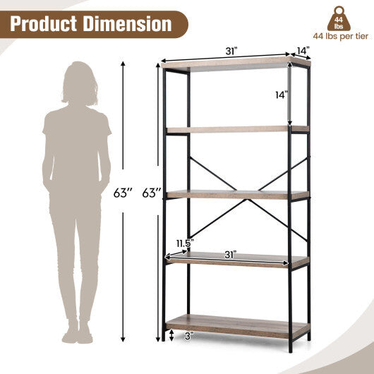 5-Tier Industrial Bookshelf Display Storage Rack with Metal Frame-Gray - Color: Gray