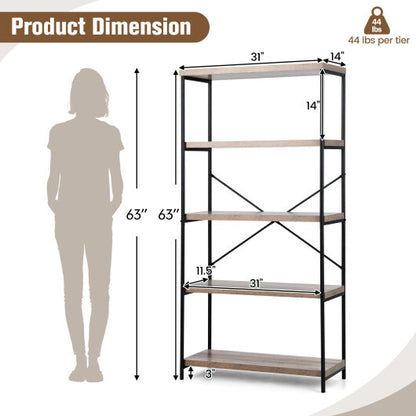 5-Tier Industrial Bookshelf Display Storage Rack with Metal Frame-Gray - Color: Gray