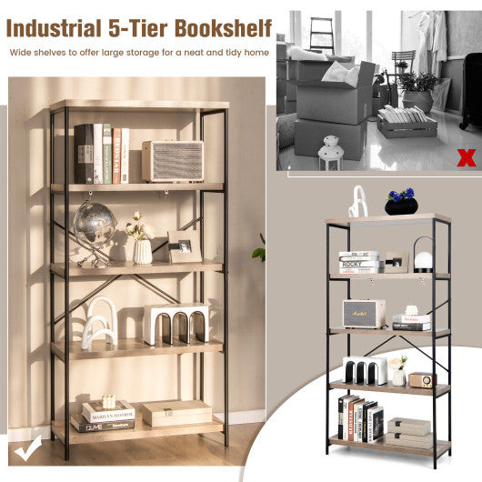 5-Tier Industrial Bookshelf Display Storage Rack with Metal Frame-Gray - Color: Gray