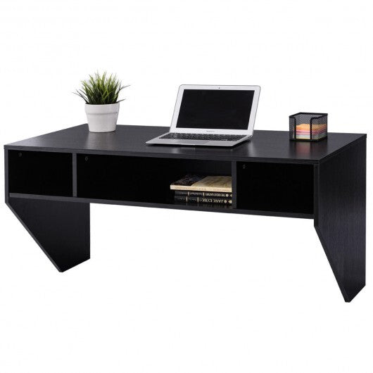 Wall Mounted Floating Sturdy Computer Table with Storage Shelf-Black - Color: Black