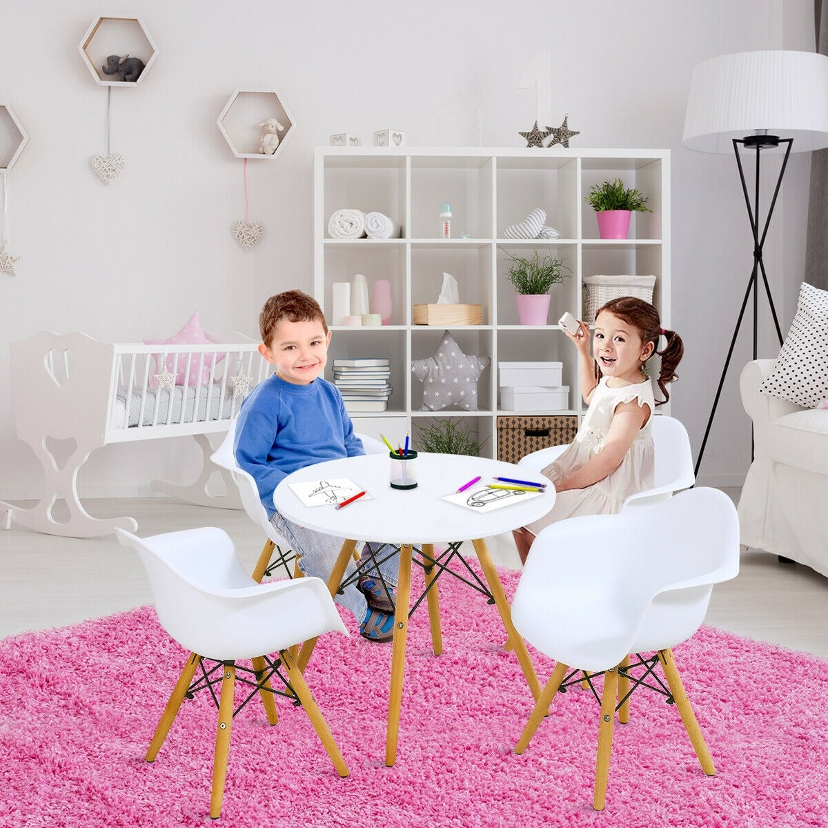 5 Piece Kids Modern Round Table Chair Set - Color: White