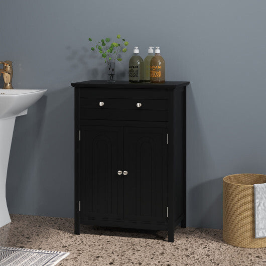 2-Door Freestanding Bathroom Cabinet with Drawer and Adjustable Shelf-Black - Color: Black